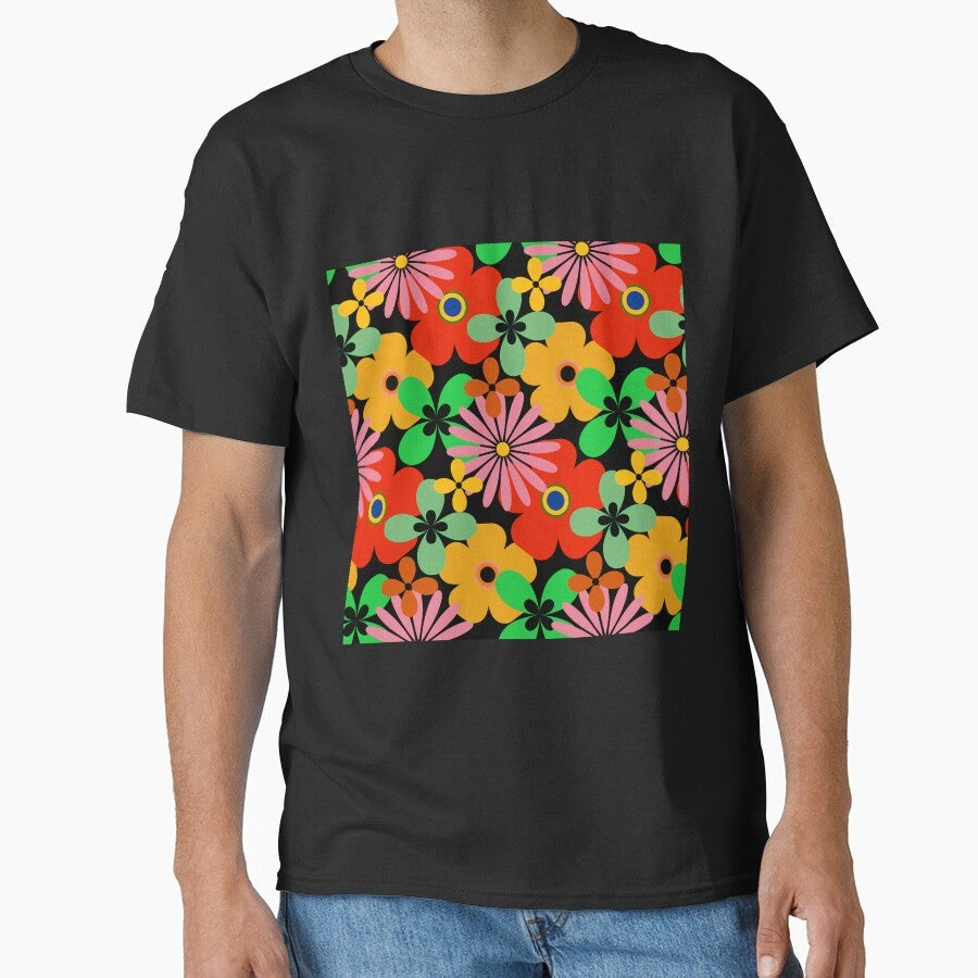 1960s Retro Red, Yellow, Pink, And Green Flower Pattern Classic T-Shirt