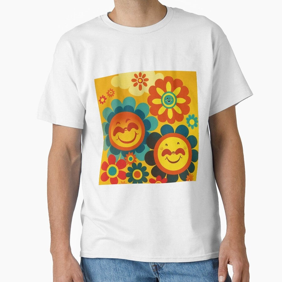1970S Retro Flower Power Happy Face Classic T Shirt