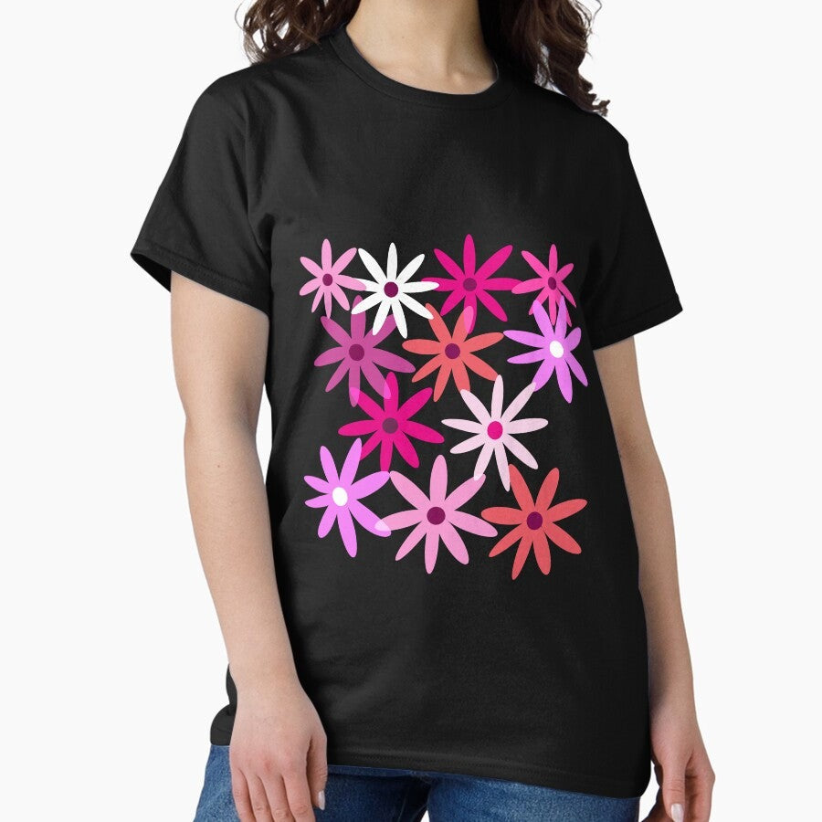 1970s hippie retro flowers pattern in pink white and purple Classic T-Shirt