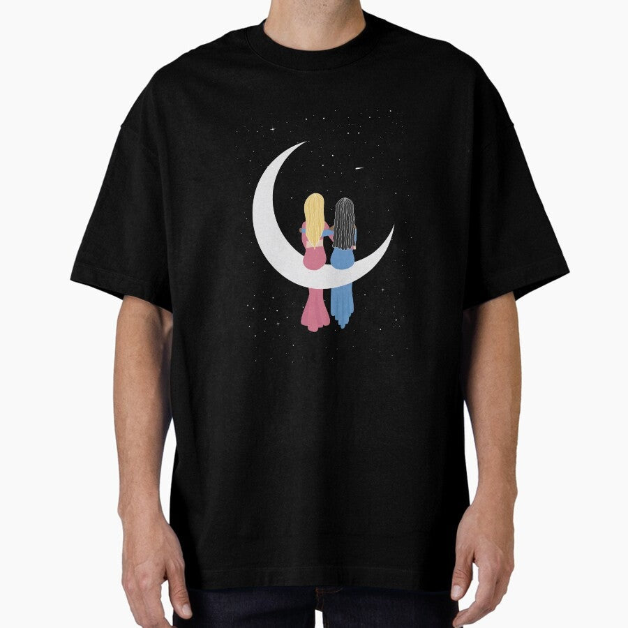2 Girls Sitting On The Moon In Space Oversized T Shirt