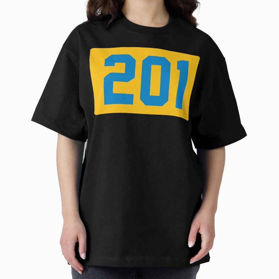 201 Area Code Design 2022 in Light Blue and Yellow Oversized T-Shirt