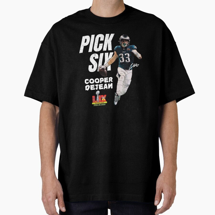 2025 Super Bowl Pick Six Football Rookie Cooper DeJean #33 Celebrate cartoon Oversized T-Shirt
