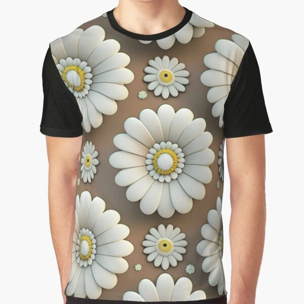 3D Retro Inspired White flower Pattern Graphic T-Shirt