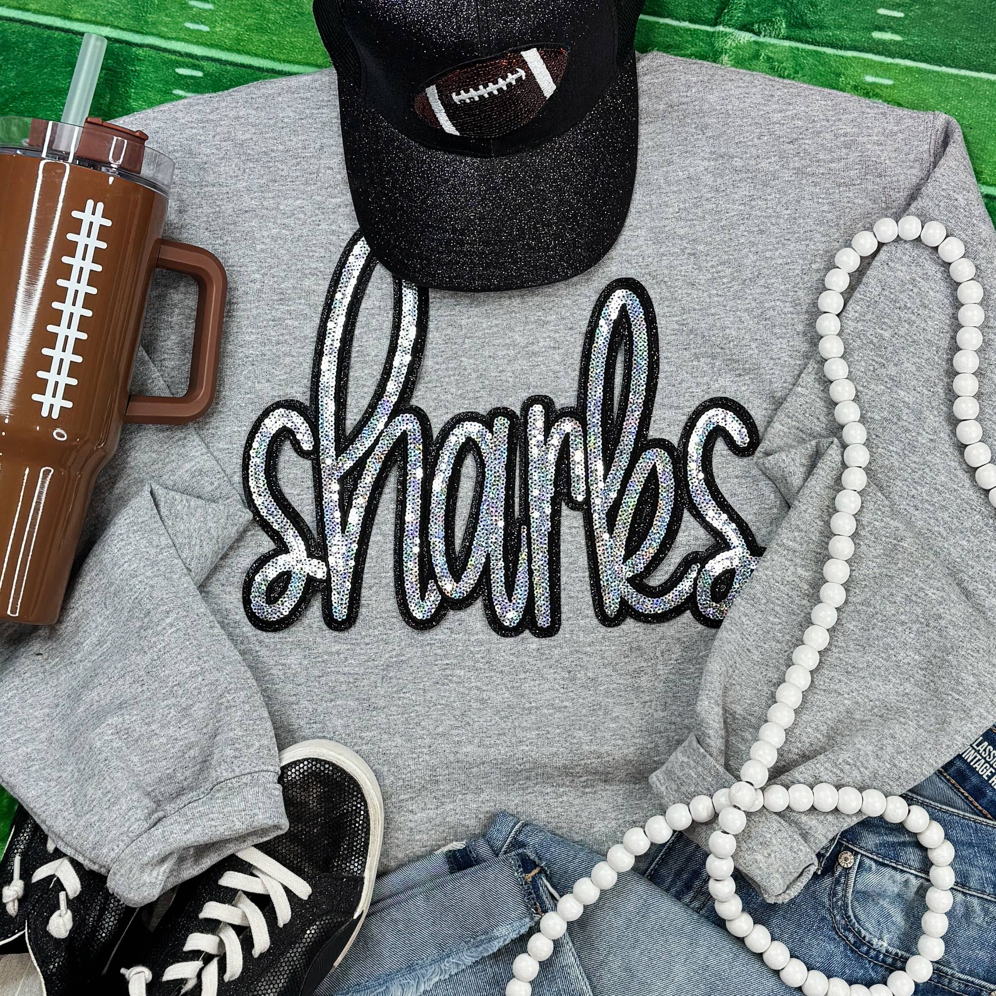 Sharks Sequin Patch Sport Grey Crewneck Sweatshirt T-Shirts, Hoodie | RetroDripTee.com