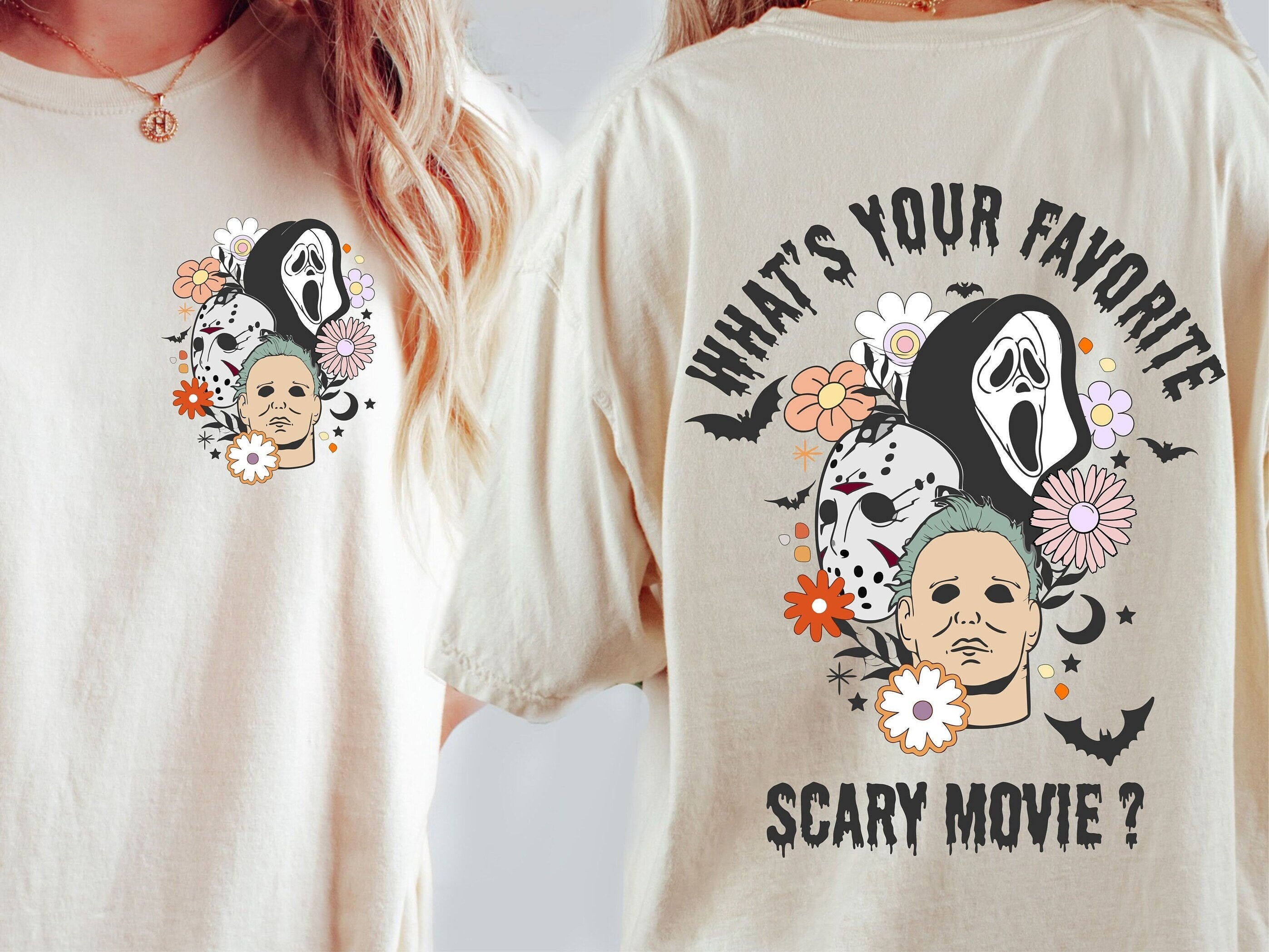 What's Your Favorite Scary Movie Myers, Jason Or Ghostface Double Sided T-Shirt, Halloween Sided T-Shirt