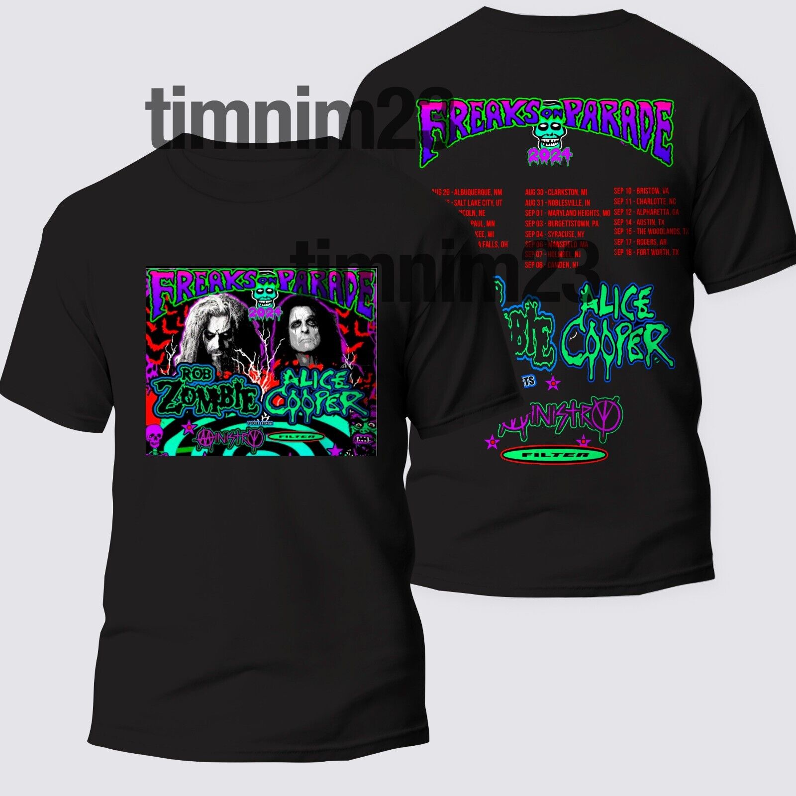 Alice Cooper and Rob Zombie For The Freaks on Parade 2024 2 sided uniex t shirt