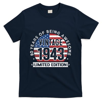 80th Birthday Gifts Vintage 1943 80 Years Old USA Flag T-Shirt