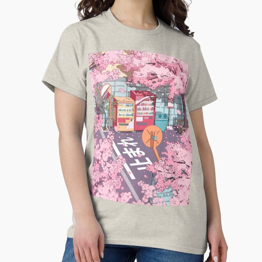 A Beautiful Aesthetic Tokyo Street And The Pink Sakura Tree Blossom Classic T Shirt