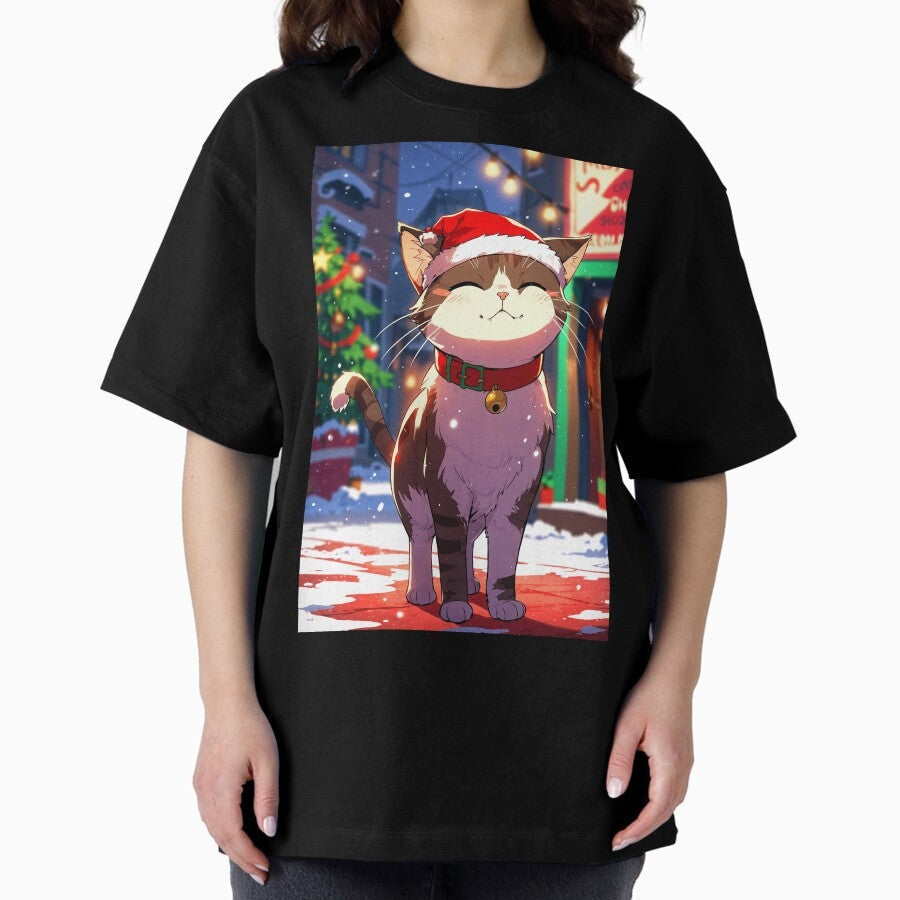 A Happy Cat on Christmas Night Oversized T-Shirt