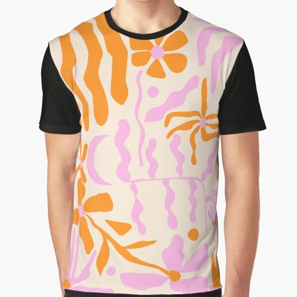 A Walk in the Garden Retro Orange and Pink 70s Flower Design Print Graphic T-Shirt