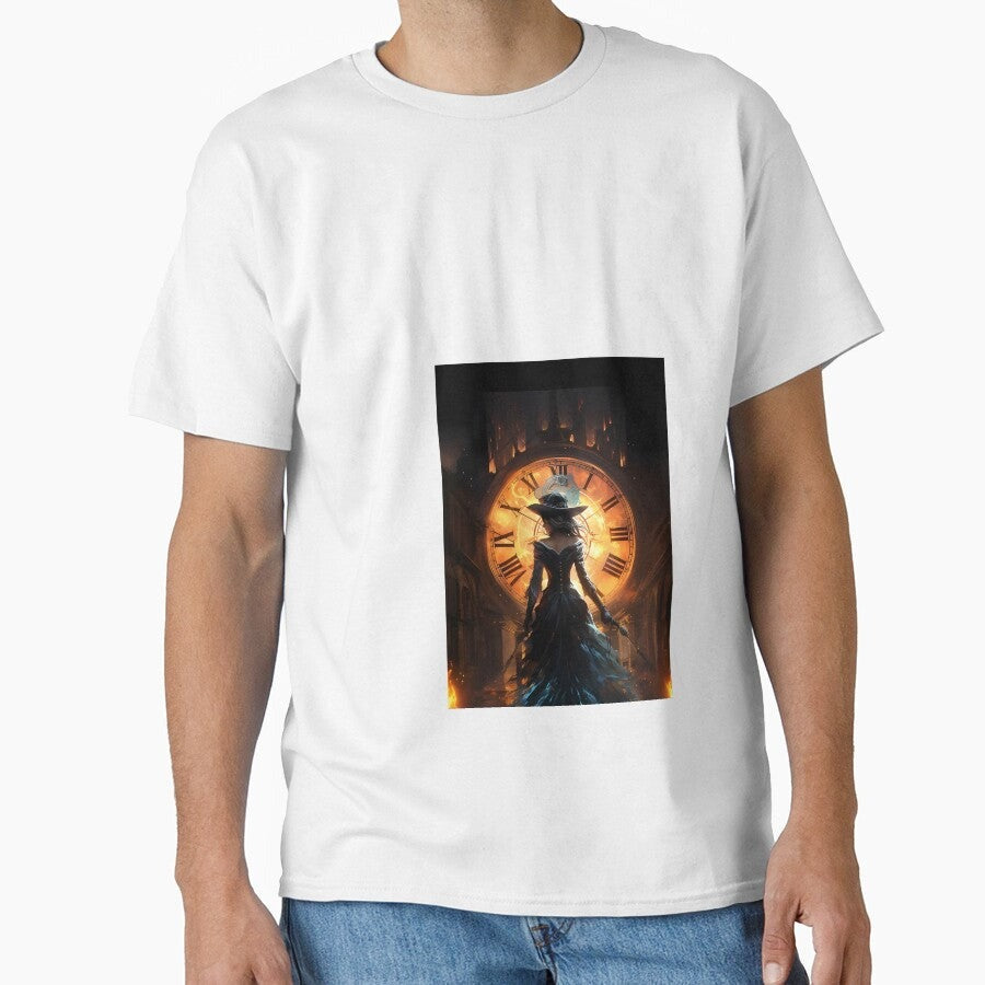 A Woman In A Blue Dress Standing In Front Of A Clock Classic T Shirt