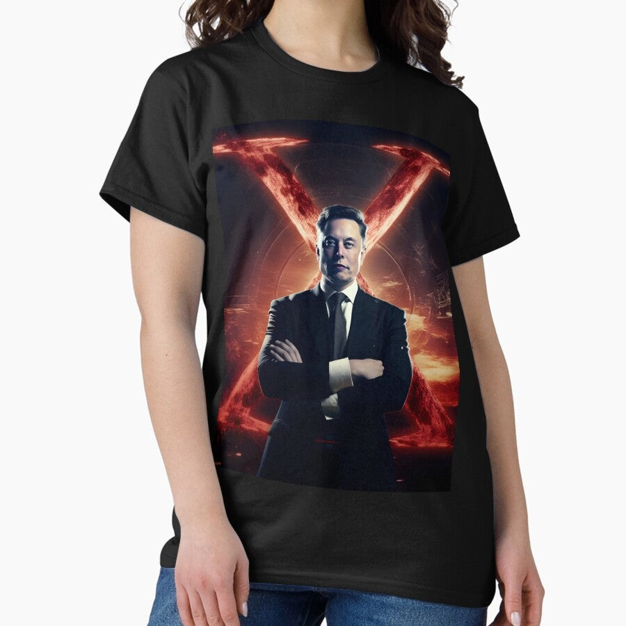 A highly dynamic poster of Elon Musk in the style of vibrant and high energy superhero imagery Classic T-Shirt