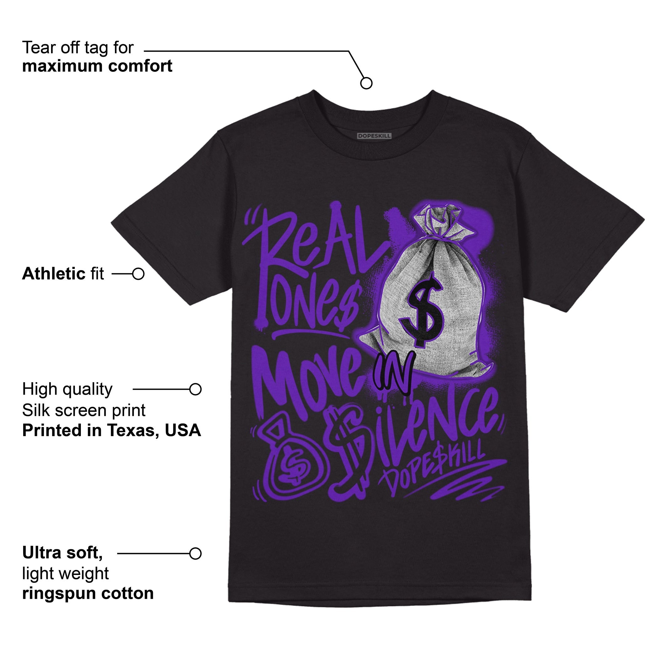 AJ 13 Court Purple DopeSkill T-Shirt Real Ones Move In Silence Graphic