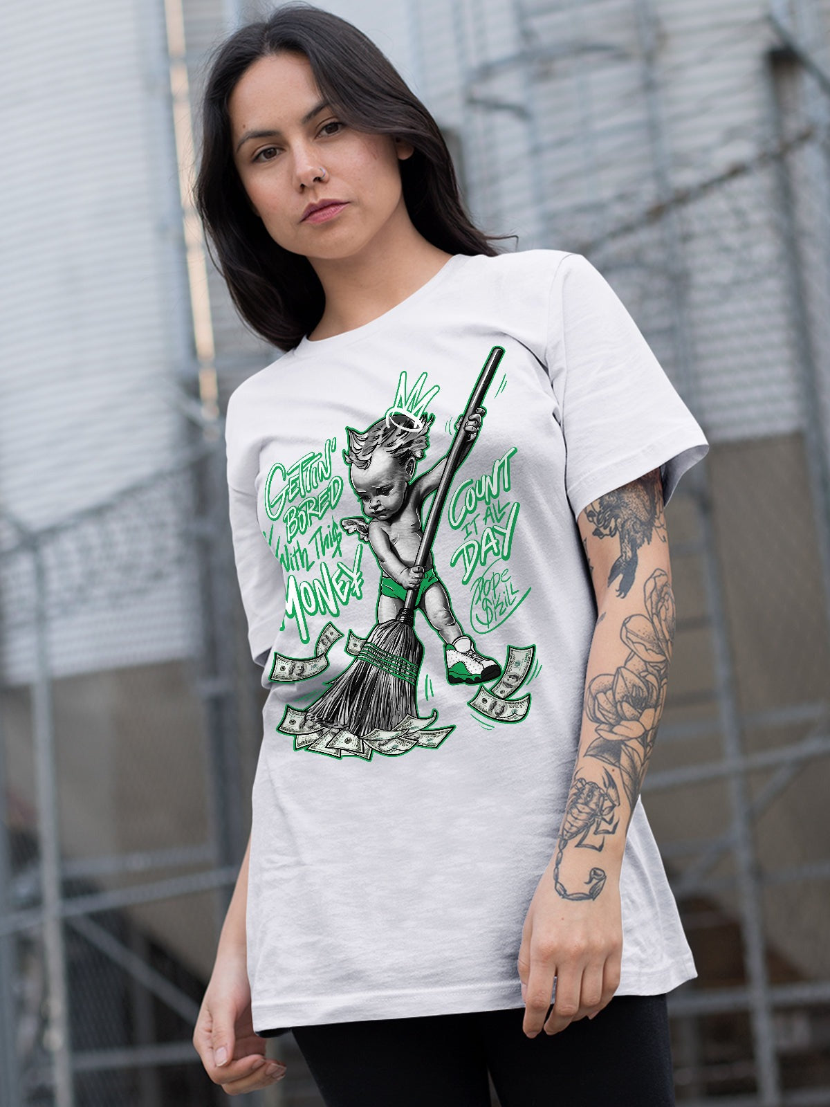 AJ 13 Lucky Green DopeSkill T-Shirt Gettin Bored With This Money Graphic