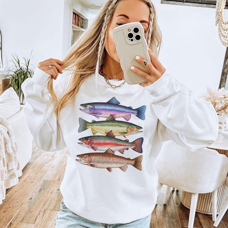 Abstract Colorful Trout In A Row Sweatshirt - River Fish Trout Species - Fly Fishing Gift - Boho Unisex