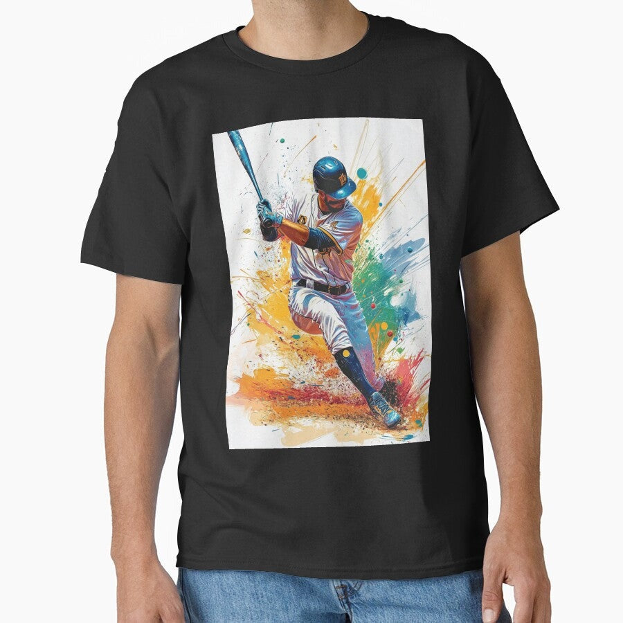 Abstract depiction of a baseball player hitting a ball with vibrant colours Active Outdoors Inspired Art Classic T-Shirt