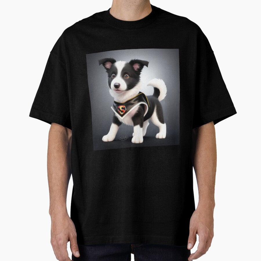 Adorable and Cute Border Collie as SuperHero Oversized T-Shirt