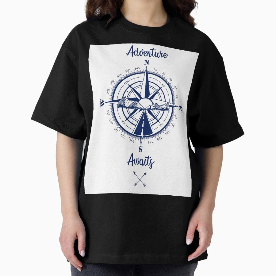 Adventure Awaits Compass Mountain Design Oversized T Shirt