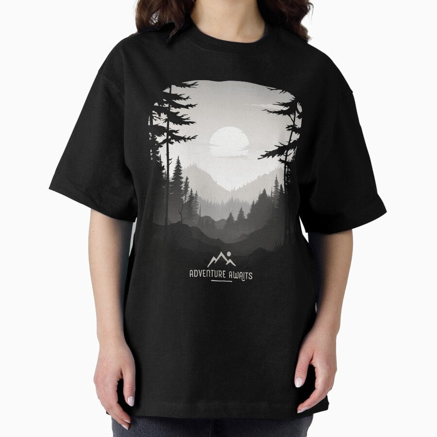 Adventure Awaits Graphic Forest Mist Wilderness Oversized T Shirt