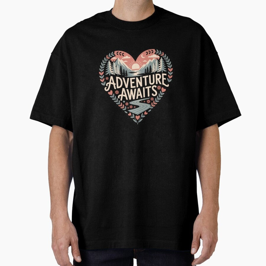 Adventure Awaits Heart Folk Art Mountain Scene Design Oversized T Shirt