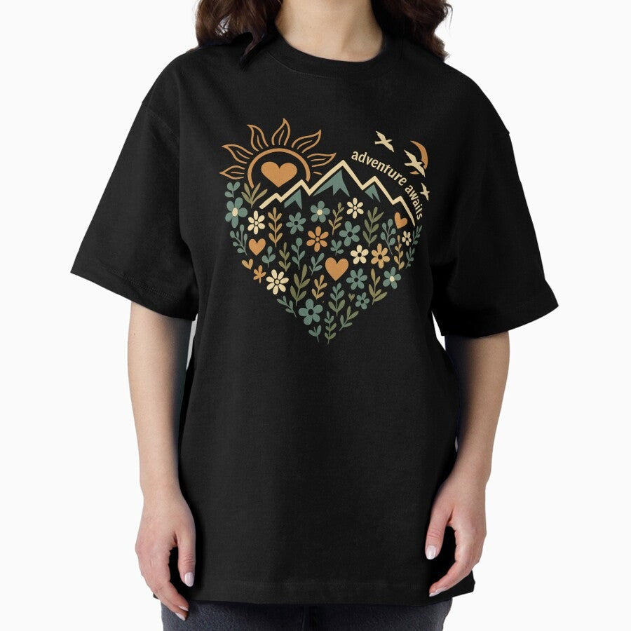 Adventure Awaits Heart Shaped Mountain Floral Nature Design Oversized T Shirt
