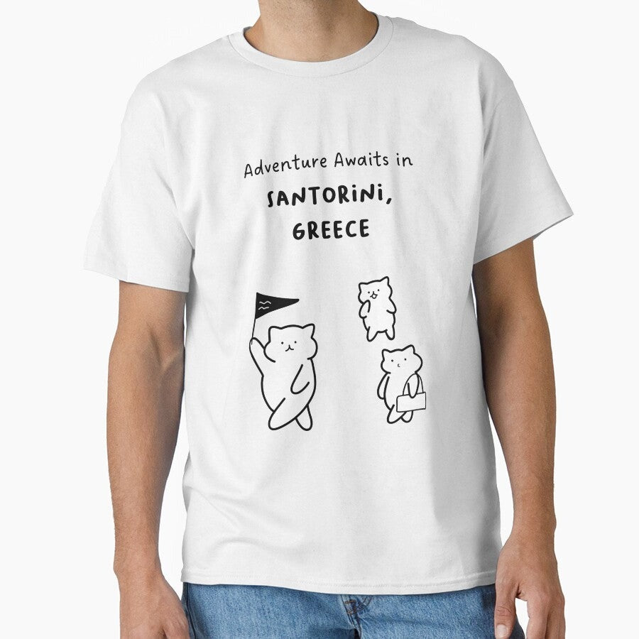 Adventure Awaits In Santorini Greece Cute Cat Characters In Minimalist Line Art Classic T Shirt
