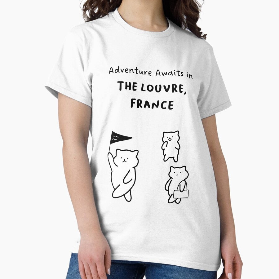 Adventure Awaits In The Louvre France Cute Cat Characters In Minimalist Line Art Classic T Shirt