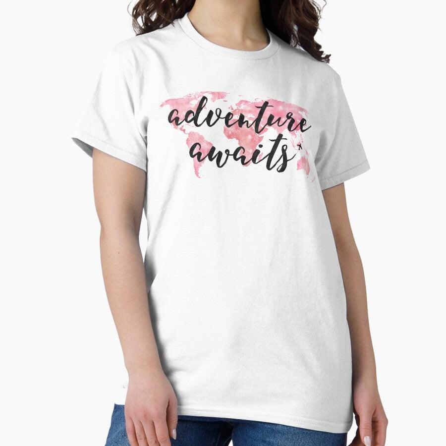 Adventure Awaits Pink Watercolor World Map Wanderlust Classic T Shirt