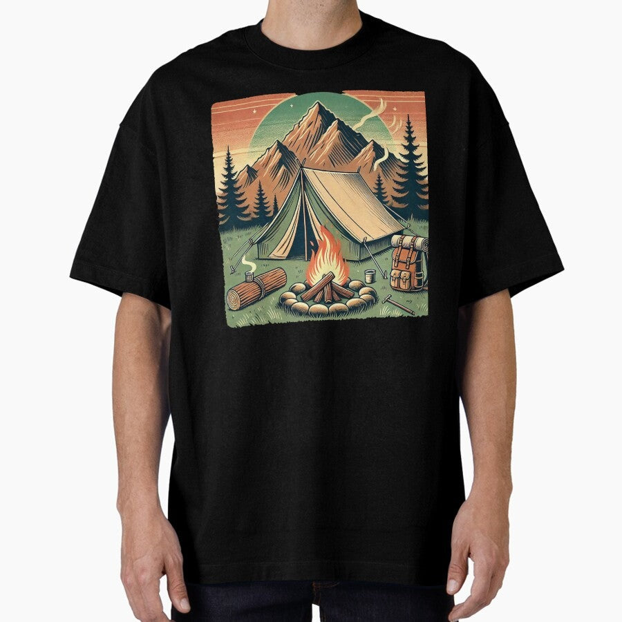 Adventure Awaits Retro Campsite Illustration Oversized T Shirt