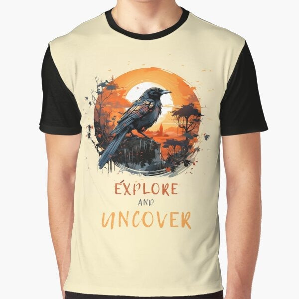 Adventure Awaits Vintage Black Crow Amber Sunset T Shirt Design Graphic T Shirt
