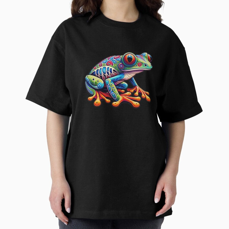 Alebrije Style Vividly Colored Tree Frog With Intricate Patterns And Surreal Features Oversized T Shirt