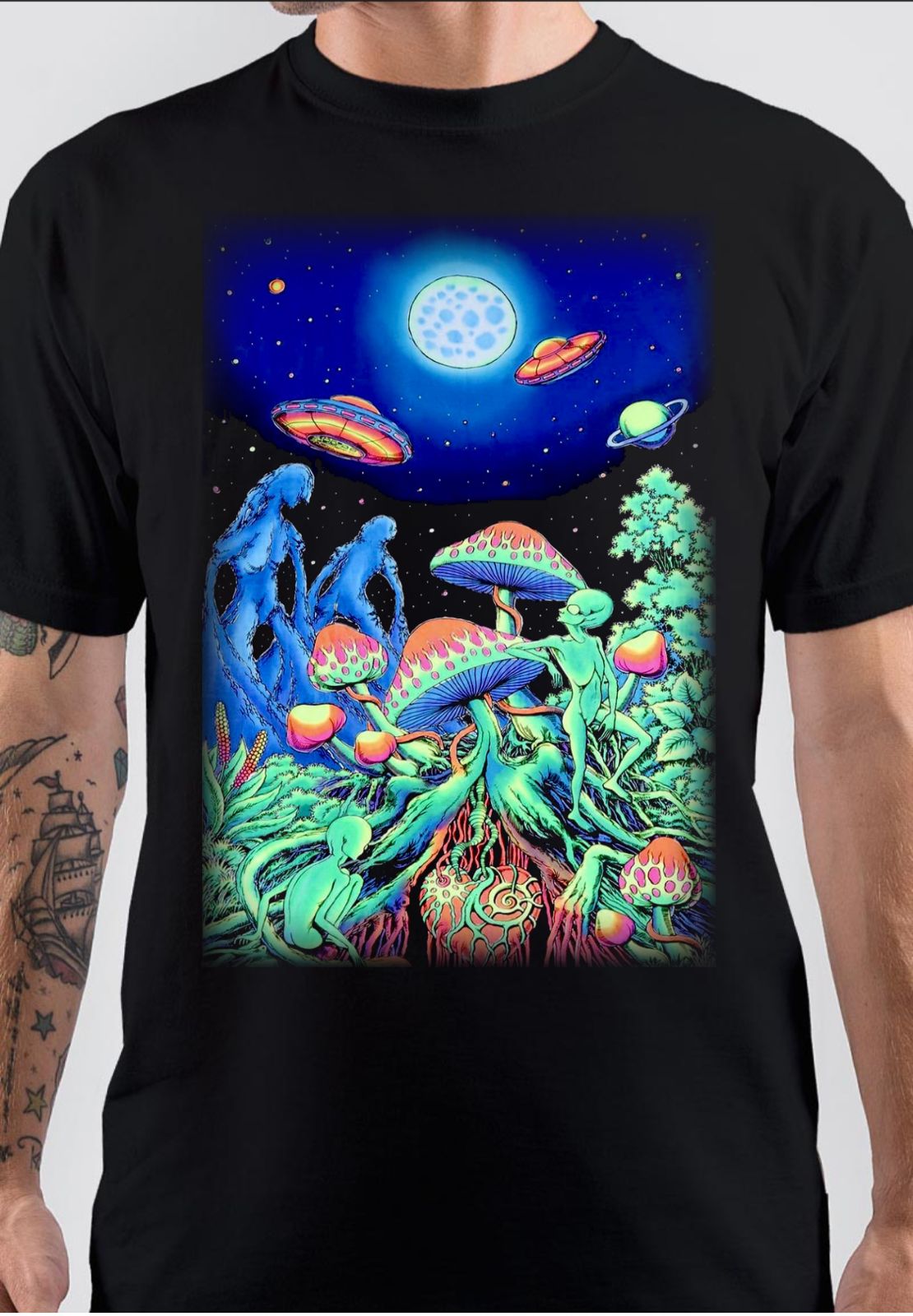 Alien Shrooms Black T-Shirt
