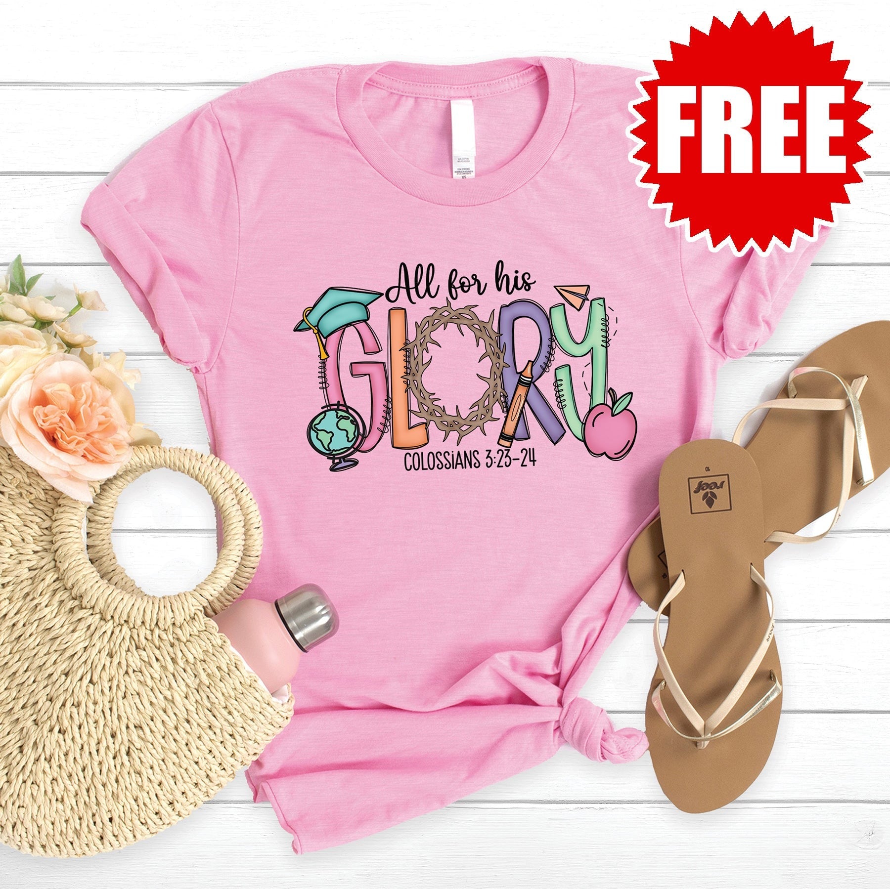 All For His Glory Tee - Heather Bubble Gum - FREE