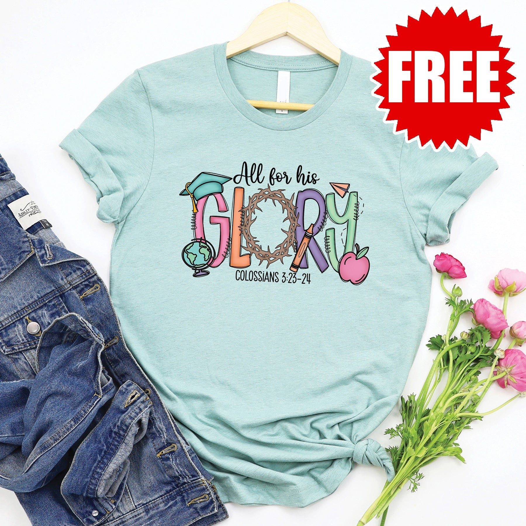 All For His Glory Tee - Heather Dusty Blue - FREE