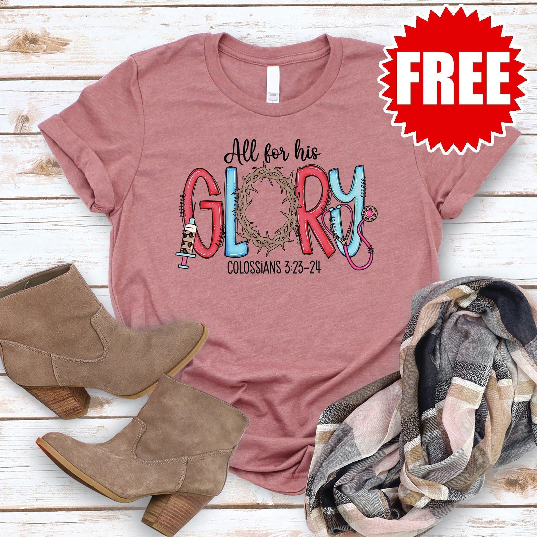All For His Glory Tee - Heather Mauve - FREE