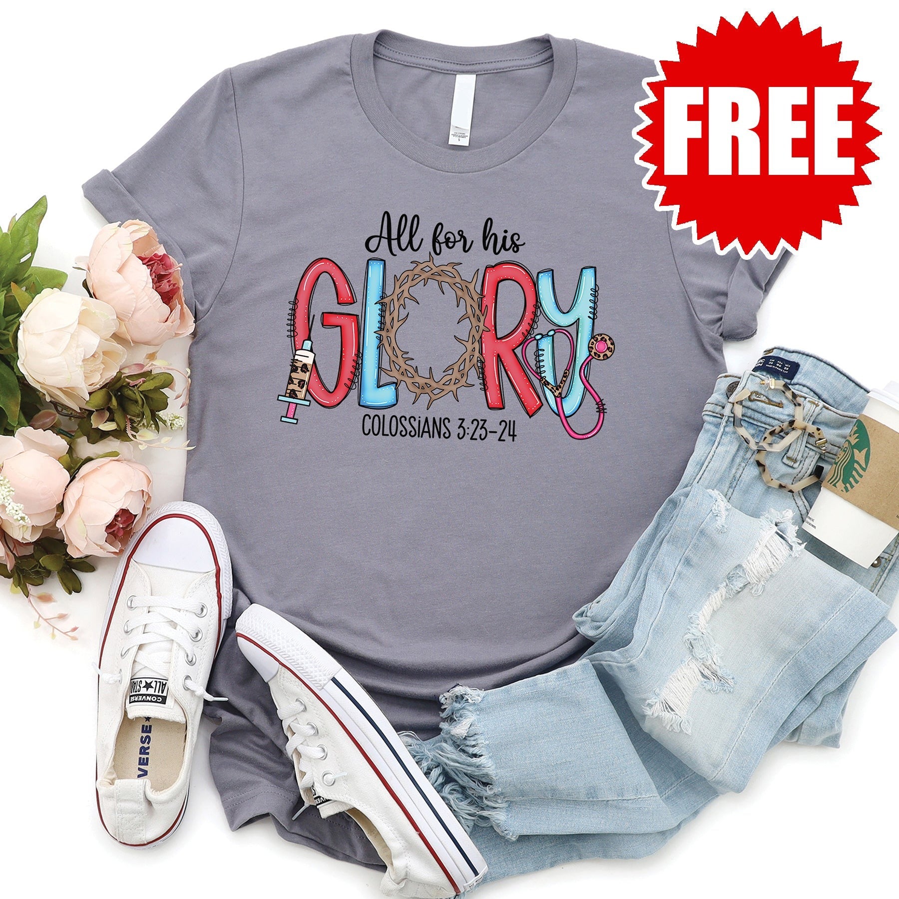 All For His Glory Tee - Heather Storm - FREE