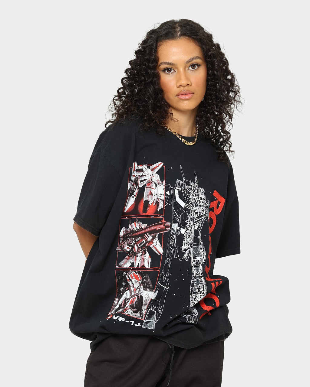 American Thrift X Robotech VFIJ Vintage T-Shirt Washed Black Style001