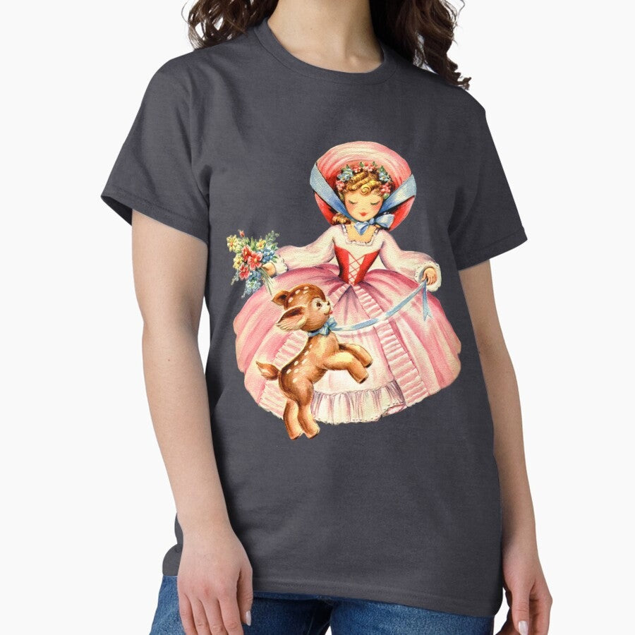 Antique Retro Vintage Sweet Poofy Victorian Lolita Dress Girl With Pet Deer Fawn Classic T Shirt