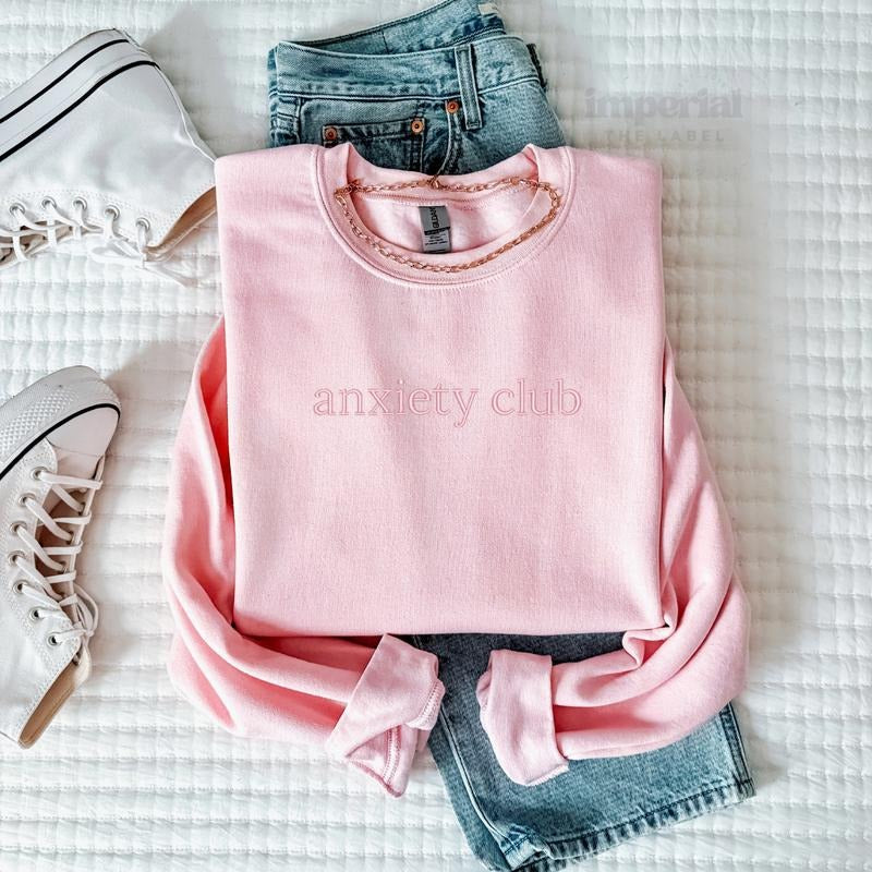 Anxiety Club Embroidered Sweatshirt and Comfort Colors T-Shirt, Funny Mental Health Crewneck, Oversized Pullover, Cozy Introvert Pullover, Relatable Aesthetic Apparel, Unisex Streetwear EMB