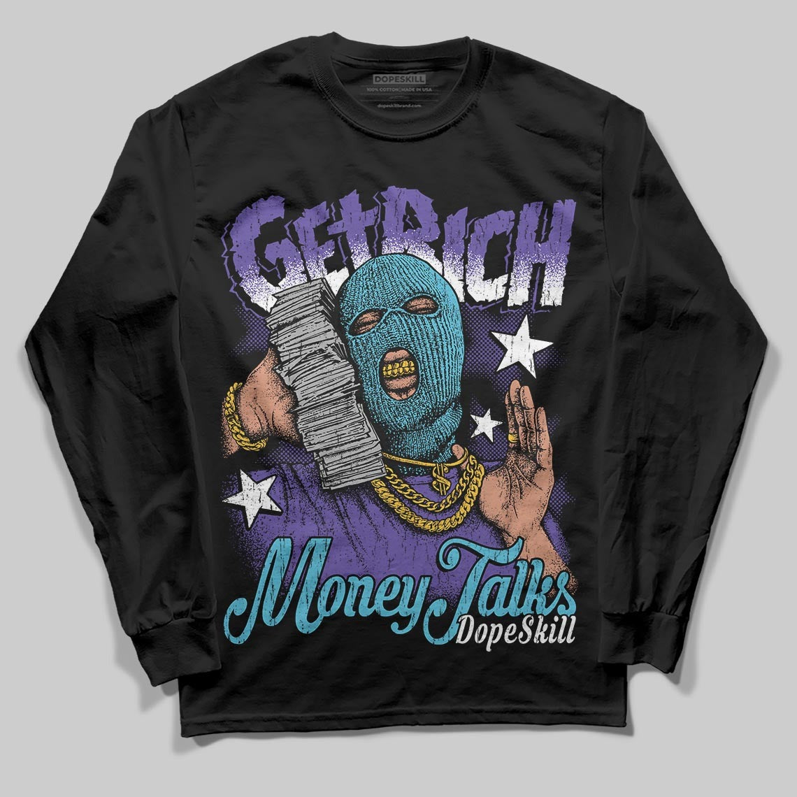 Aqua 8s DopeSkill Long Sleeve T-Shirt Get Rich Graphic