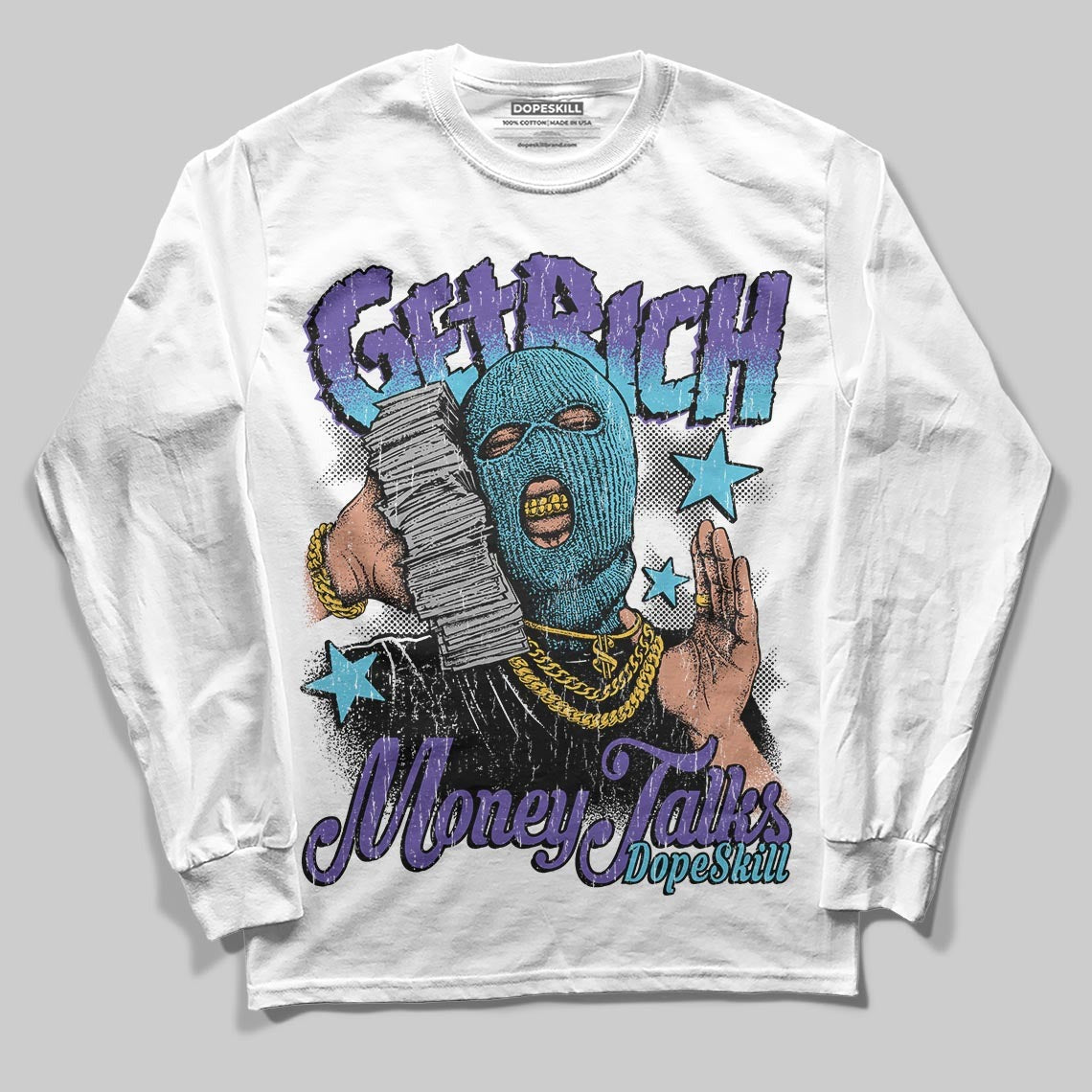 Aqua 8s DopeSkill Long Sleeve T-Shirt Get Rich Graphic
