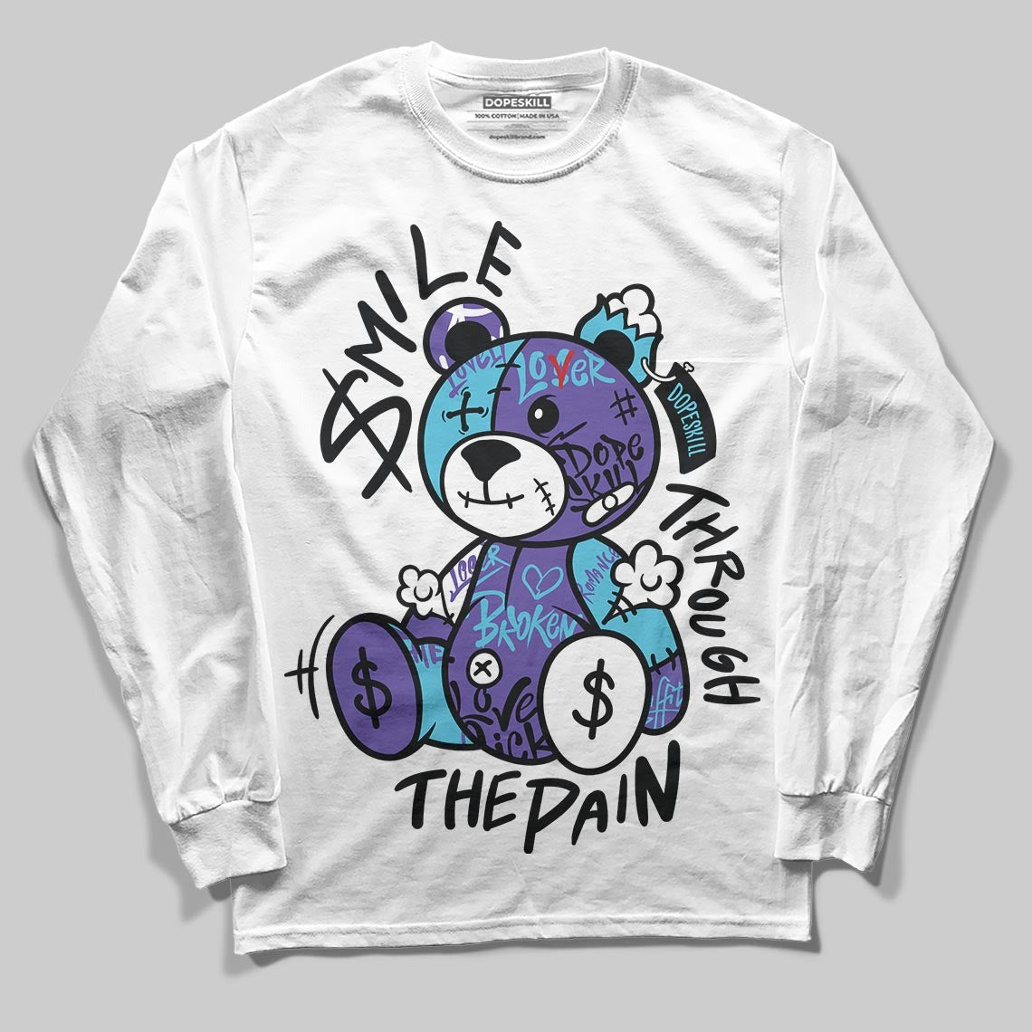 Aqua 8s DopeSkill Long Sleeve T-Shirt Smile Through The Pain Graphic