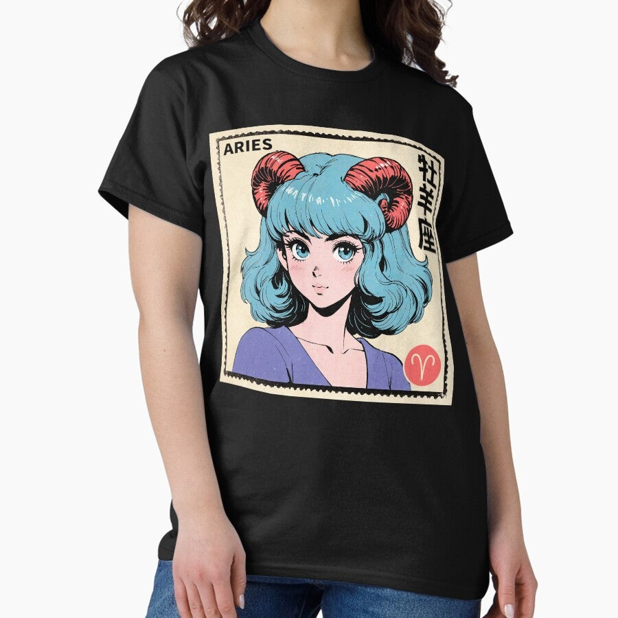 Aries Zodiac Sign Green Haired Pretty Anime Girl Vintage Postage Stamp Aesthetic Classic T Shirt