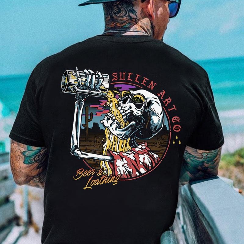 BEER & LOATHING Skull Print Men's T-shirt, Sweatshirt, Hoodie,  Oversized S-5Xl, Unisex Shirt, Today shirt, Love shirt, Retro Unisex, Life shirt, Merch gift, Short Sleeve Graphic, Naughty Clothes Men Cotton Fabric Menswear Classic