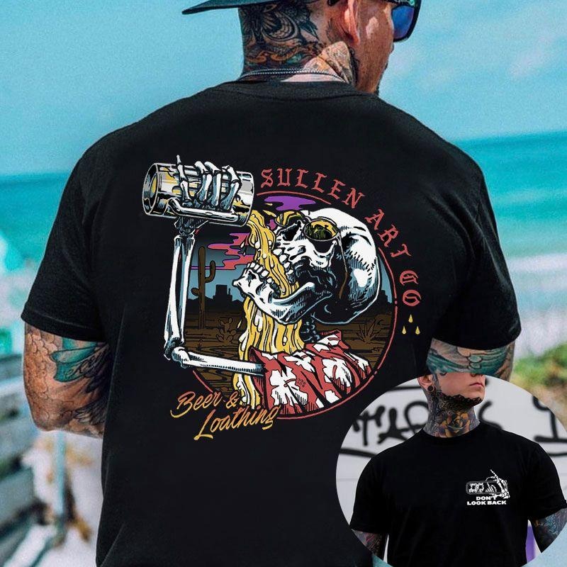 BEER & LOATHING Skull Print Men's T-shirt, Sweatshirt, Hoodie,  Oversized S-5Xl, Unisex Shirt, Today shirt, Love shirt, Retro Unisex, Life shirt, Merch gift, Short Sleeve Graphic, Naughty Clothes Men Cotton Fabric Menswear Classic