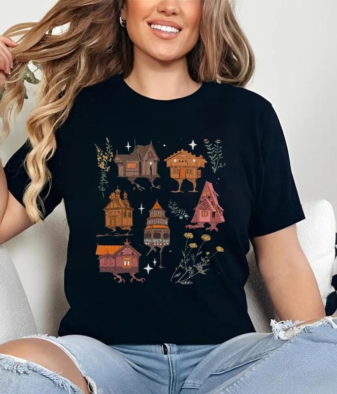 Baba Yaga Houses Black Unisex T Shirt, Witchy, Cottagecore, Whimsigoth Botanical Clothing, Unisex Short Sleeve Tee Shirt, Casual Clothing