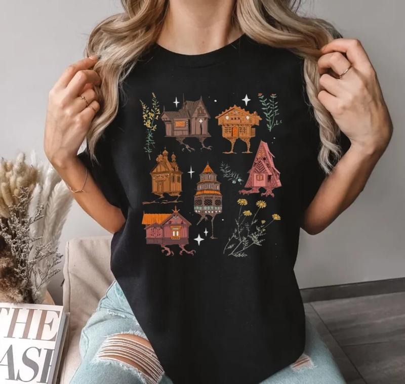 Baba Yaga Houses Black Unisex T Shirt, Witchy, Cottagecore, Whimsigoth Botanical Clothing, Unisex Short Sleeve Tee Shirt, Casual Clothing