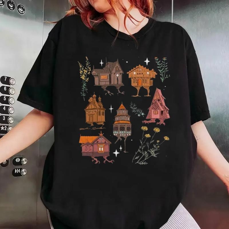 Baba Yaga Houses Black Unisex T Shirt, Witchy, Cottagecore, Whimsigoth Botanical Clothing, Unisex Short Sleeve Tee Shirt, Casual Clothing