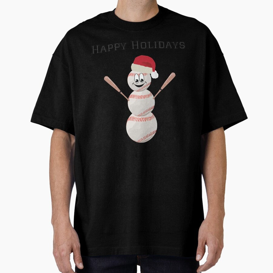 Baseball Santa Snowman Happy Holidays Oversized T-Shirt