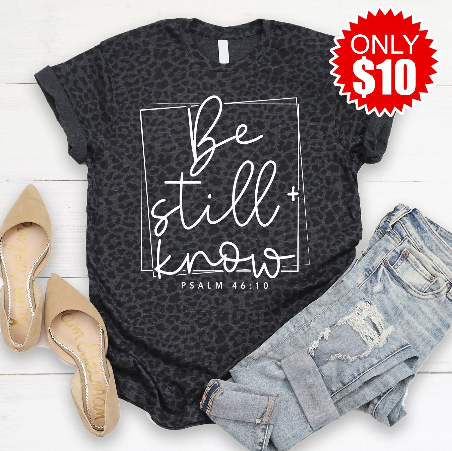 Be Still and Know Tee - Black Leopard